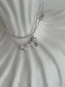 Detailed macro view of S925 silver necklace featuring sparkling zircon flower pendants