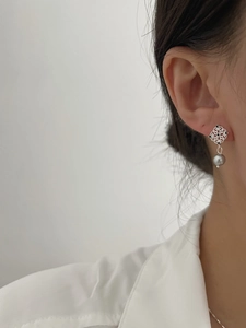 Close-up of a silver floral hollow earring with a grey pearl drop on a female model
