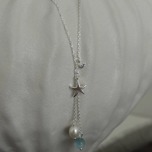 925 Sterling Silver Starfish Shell Necklace With Artificial Pearl And Blue Bead Ocean Theme Summer Beach Jewelry For Women