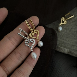 Boucles d'oreilles cœur en argent S925 avec perles d'eau douce en or et argent