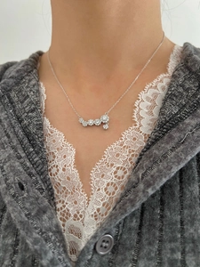 Detail of 925 sterling silver smile necklace with sparkling cubic zirconia on model
