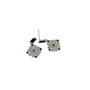 Silver hollow flower pearl drop earrings with intricate black gemstone petal accents