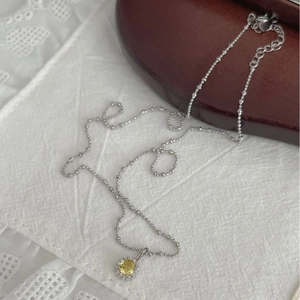 Collier Pendentif Rond en Pierre Jaune Vintage en Argent Sterling S925 pour Femmes Élégante Chaîne à Billes en Strass Bijoux