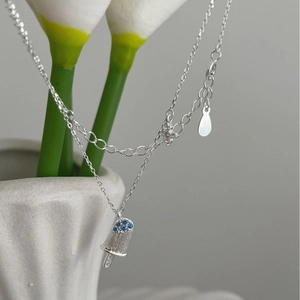 S925 sterling silver ice cream pendant necklace with blue zircon and brushed metal finish