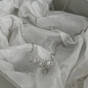 Elegant 925 silver necklace with five sparkling zircon flower clusters on white background