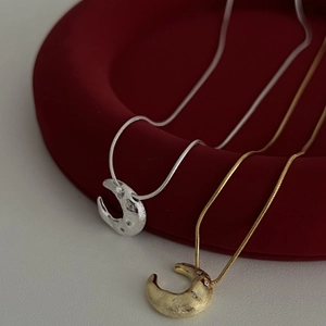 Elegant 925 sterling silver and gold hammered moon pendant necklace with zircons
