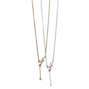 Minimalist S925 sterling silver snake pendant necklace with red gemstone in gold and silver
