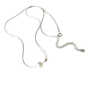 Minimalist S925 silver snake chain necklace featuring a white pearl and polished round bead