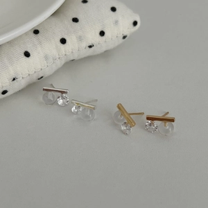 S925 silver minimalist geometric bar earrings with bright zircon and frosted round beads