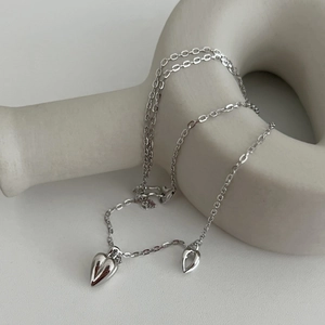 925 Sterling Silver Double Heart Pendant Necklace For Women Minimalist Ins Style Adjustable Clavicle Chain Jewelry Gift