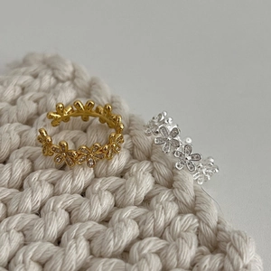 925 Sterling Silver Flower Open Ring For Women Minimalist Sweet Petal Rhinestone Adjustable Gold Silver Finger Ring
