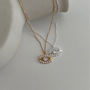 Collier en argent sterling 925 avec pendentif oeil et oxydes de zirconium en or et argent