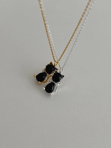 Gros plan sur les colliers S925 or et argent avec pendentifs chat en agate noire et zircon
