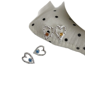 S925 sterling silver heart earrings set with blue and orange cubic zirconia stones