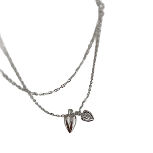 Minimalist S925 sterling silver double heart pendant necklace with double layer chain style