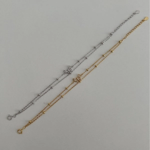 Double-layer S925 sterling silver bow bracelet with sparkling zircon in gold and silver