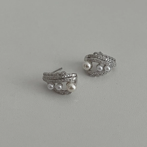 Elegant Layered Curved Artificial Pearl Earrings With 925 Sterling Silver Earring Post Pave Cubic Zirconia For Women