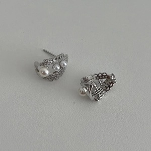 Elegant S925 silver lace drop earrings with three white pearls and zircon accents