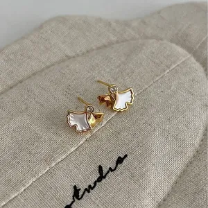 S925 silver ginkgo leaf stud earrings with white mother of pearl and cubic zirconia