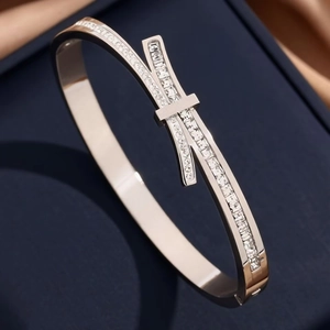 Geometric Stainless Steel Bangle For Women Micro Pave Rhinestone Crossover Bow Design Oval Cuff Bracelet Minimalist Jewelry