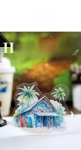 Detailed PET sticker of a tropical beach house and surfboard from the Holiday Trip series