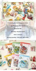 Detail of PET decorative travel stickers featuring watercolor world landmarks and packaging
