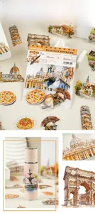 Detail of Holiday Journey stickers applied on bottles with travel architecture designs