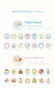 Detail view of dessert and animal themed round washi stickers for DIY scrapbooking journaling