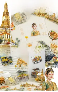 Detailed view of hand-drawn Thai theme PET stickers including Tuk-Tuk and temples