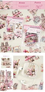 Detail of PET stickers featuring Paris landmarks and roses for travel journaling scrapbooks