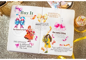 Detail of PET decorative tape with colorful bow designs and inspirational quotes