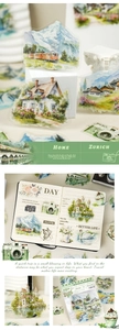 Macro shot of waterproof PET travel stickers featuring European architecture and scenery