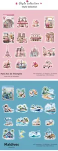 Macro view of watercolor PET decorative stickers with travel architecture and landscape motifs