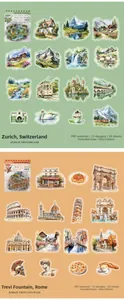 Macro detail of PET travel stickers featuring Zurich and Rome architecture landmarks