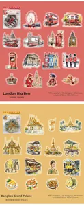 Macro view of waterproof PET travel stickers featuring London and Bangkok landmarks