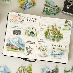 30pcs PET scrapbook stickers set featuring watercolor travel and architecture motifs