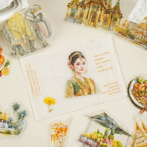 Holiday journey PET stickers pack with Southeast Asian architecture and cultural patterns