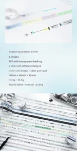 Dettaglio di 3 rotoli di nastro adesivo PET con citazioni inglesi per decorazione diario
