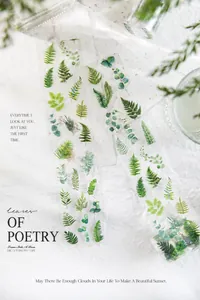 Macro detail of PET decorative tape with realistic green fern and eucalyptus leaf motifs