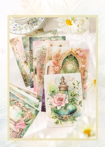 Baroque aesthetic decorative paper cards featuring floral and vintage perfume illustrations