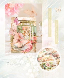 Detail of vintage Baroque scrapbooking paper with pink roses, butterflies and flower fairies