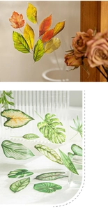 Detailed view of semi-transparent leaf PET stickers on glass with realistic plant textures