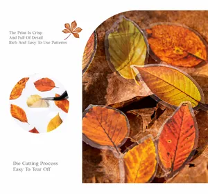 Macro detail of die-cut autumn leaf PET stickers showing easy peeling and realistic texture