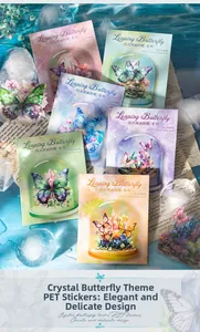 Close-up of crystal butterfly PET stickers with shell light effect in colorful packaging