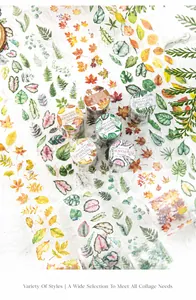 Macro view of six PET decorative tape rolls featuring autumn leaves and foliage themes