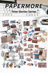 Detail view of four themed PET sticker packs including coffee shop and vintage shop motifs