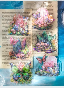 Detail of crystal butterfly stickers with laser finish on vintage newspaper background