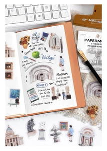 Detail of PET stickers featuring Monet art and vintage museum themes for DIY journaling