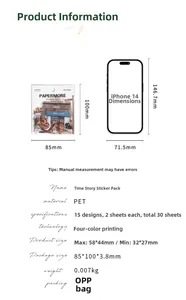 Detailed PET sticker pack specifications showing 30 sheets for DIY scrapbooking