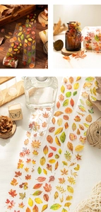 Macro detail of realistic autumn leaf PET tape stickers featuring maple and gingko designs